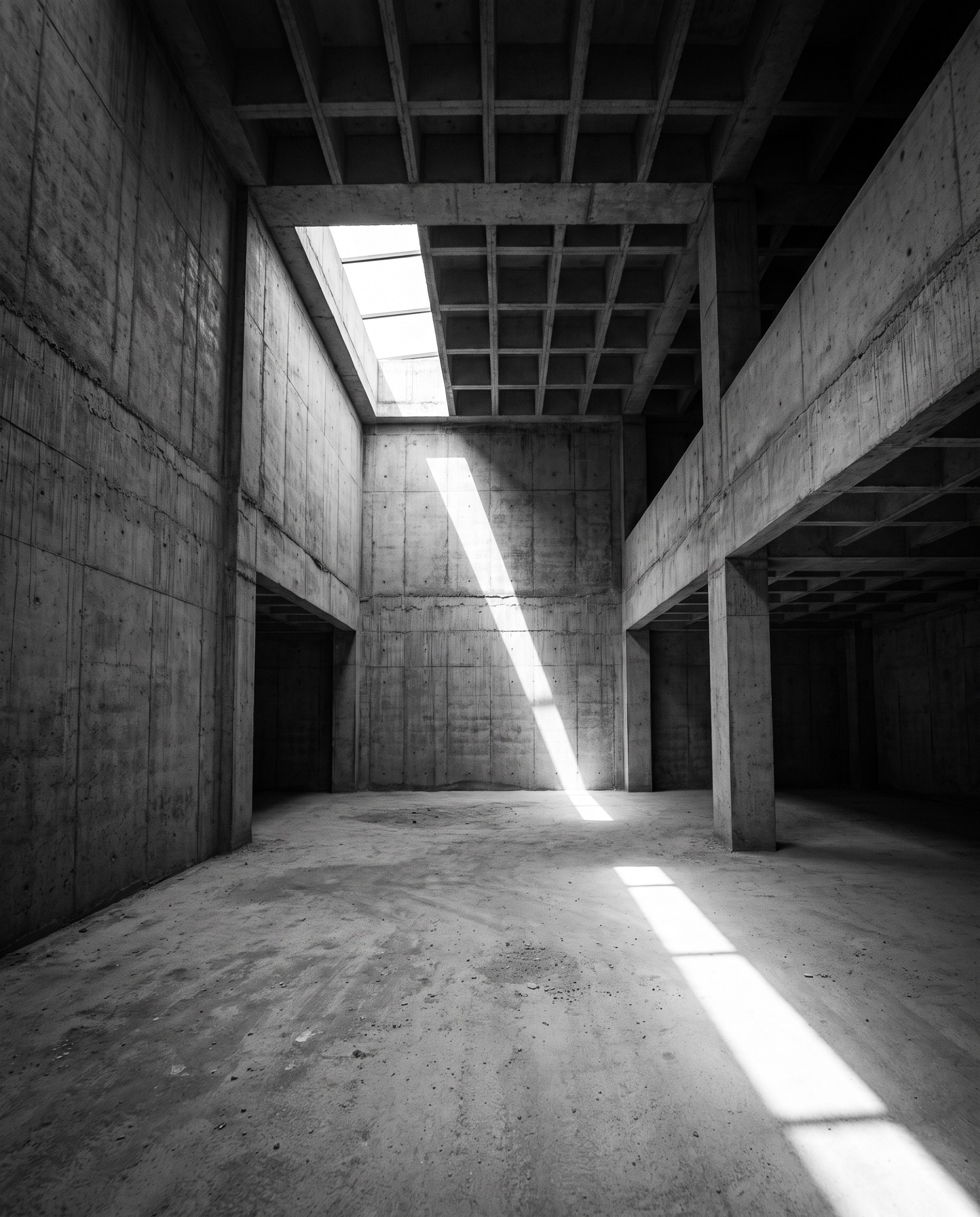 Double-height concrete atrium with a hard diagonal shaft of skylight, black and white.