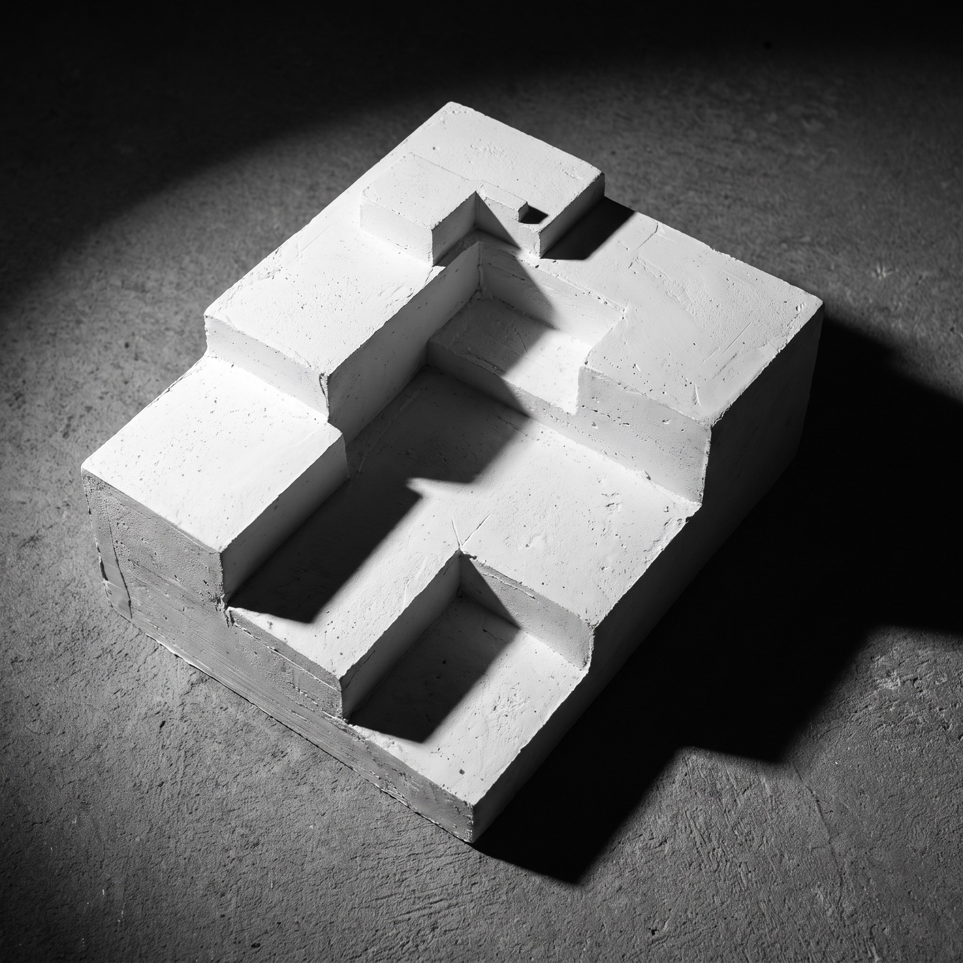 Physical white study model of a stepped brutalist building massing, hard studio light, black and white.