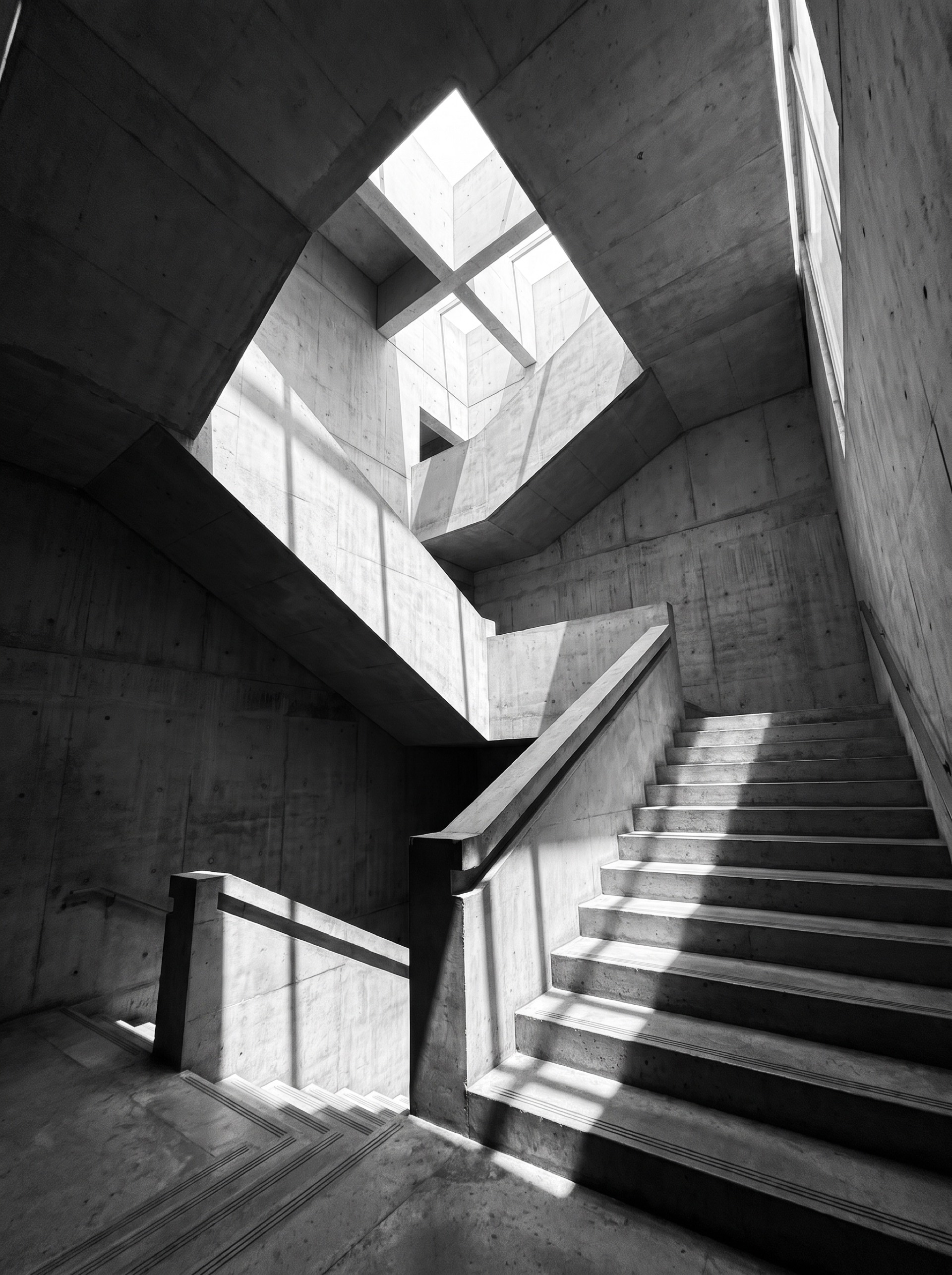 Sculptural raw concrete staircase with strong geometric shadow patterns, black and white.